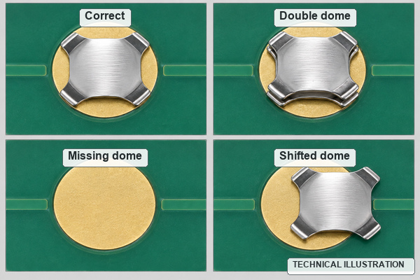 Technical illustration comparing a correct metal dome, double dome, missing dome and shifted dome