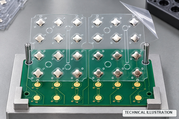 Technical illustration of a registered metal dome array aligned to PCB contacts with tooling pins and edge stops