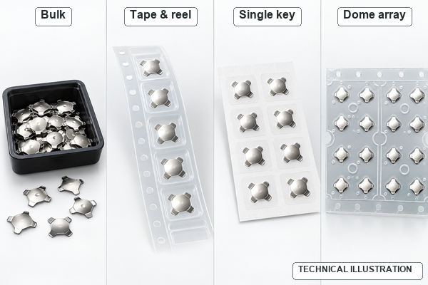 Technical comparison of bulk, tape-and-reel, single-key and dome-array metal dome supply formats