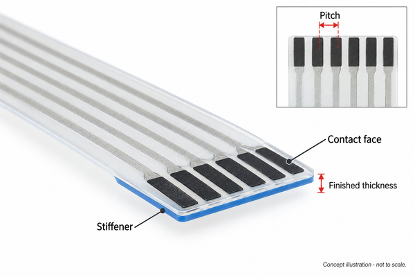 Not-to-scale membrane tail drawing showing contact face, pitch, and finished mating thickness
