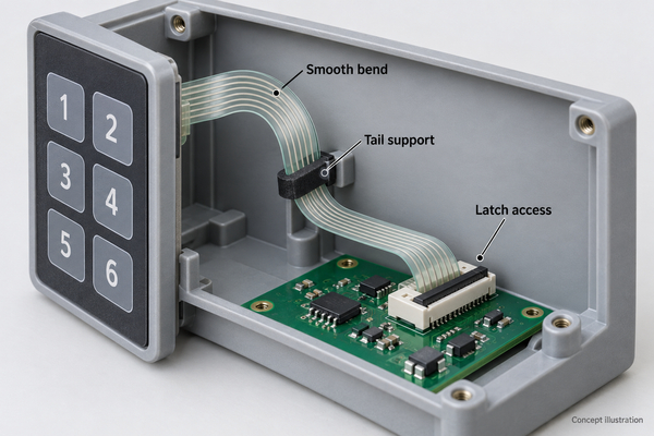 Concept enclosure showing a smooth membrane tail bend, support, and connector latch clearance