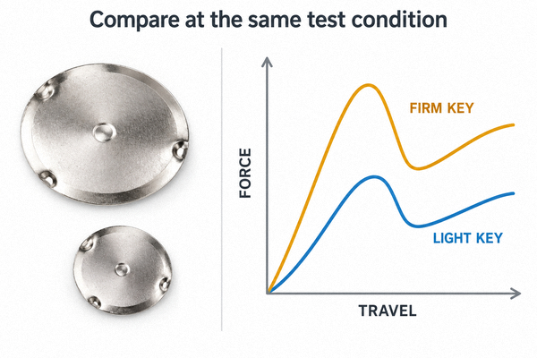 Conceptual light and firm metal dome force-travel curves to be checked under identical test conditions