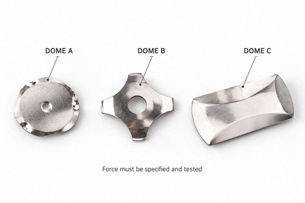 Realistic round, four-leg and oblong metal dome forms illustrating why shape alone does not establish actuation force