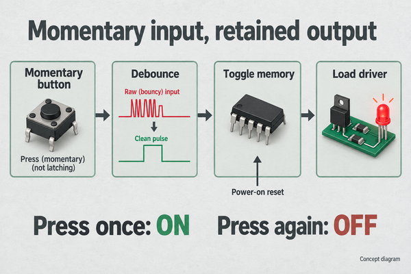 Conceptual block diagram showing a momentary button, debounce, toggle memory, load driver and power-on reset