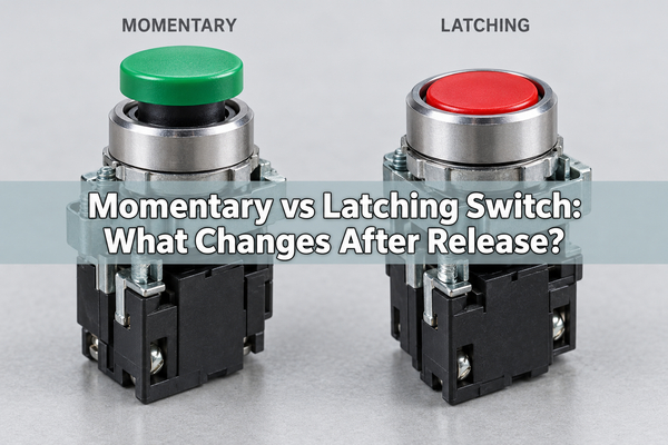 Momentary vs latching switch illustration showing the full article title and two pushbutton mechanisms