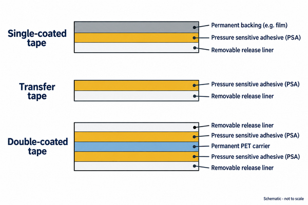Schematic comparing single-coated, transfer and double-coated pressure sensitive adhesive tape layers