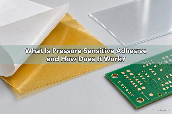 Pressure sensitive adhesive transfer film and release liner beside a PCB, concept illustration