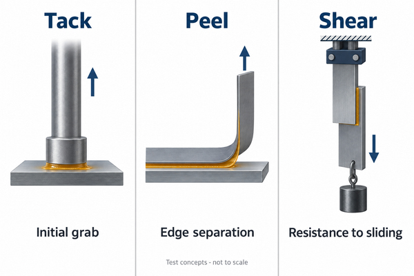 Concept illustration of tack, peel and shear loading directions for PSA testing