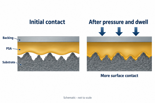 Schematic of PSA wet-out before and after application pressure and dwell