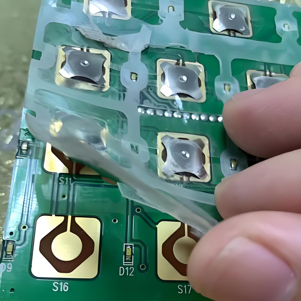 Reference photograph of a lifted dome carrier exposing the matching PCB contact pads