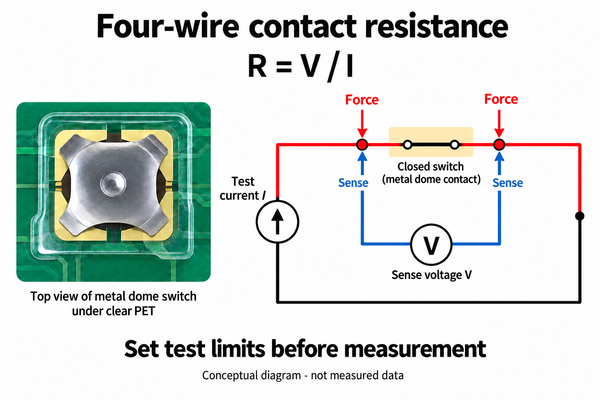 Conceptual four-wire contact resistance measurement with a closed switch and separate force and sense connections