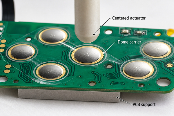 Centered actuator above shallow metal domes held by carrier film on a supported PCB