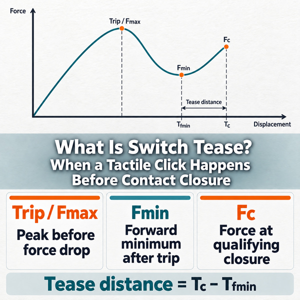 Switch tease force-displacement curve showing trip, Fmin, Fc and the tease interval