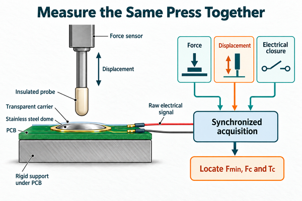 Synchronized measurement channels for force, displacement and raw electrical closure