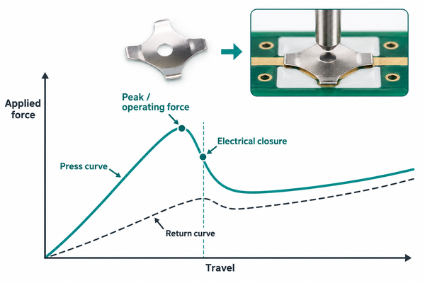 Illustrative force travel curve separating peak operating force from electrical closure