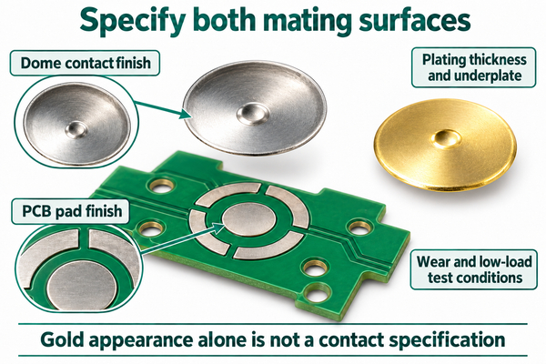 Round metal dome and isolated PCB mating pads showing contact-finish specification inputs